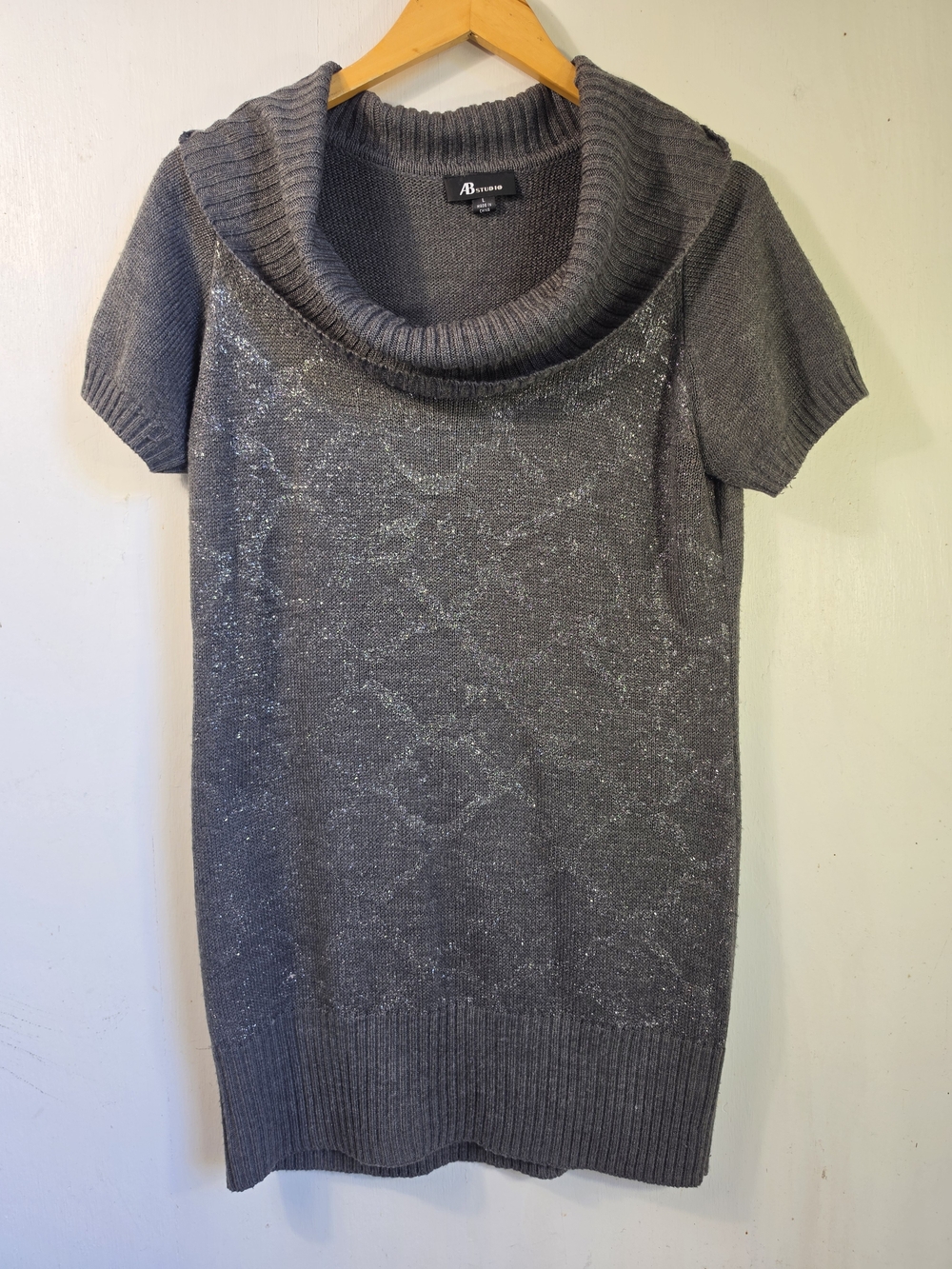 AB Studio Gray Short Sleeve Sweater Dress Large